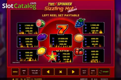 Paytable screen. Twin Spinner Sizzling Hot Deluxe slot