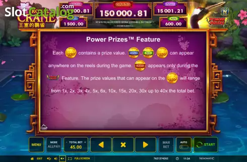 Power Prizes feature screen. Power Prizes Royal Crane slot