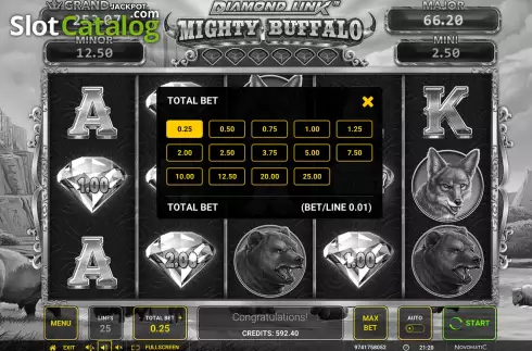 Bets Screen. Diamond Link Mighty Buffalo slot
