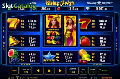 PayTable screen. Rising Joker - Diamond Mystery slot