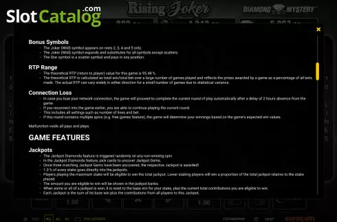 Game Rules screen. Rising Joker - Diamond Mystery slot