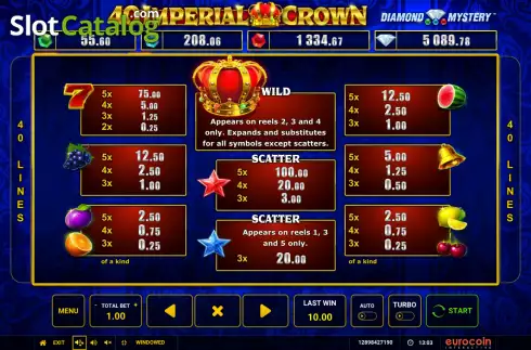 Paytable screen. Diamond Mystery 40 Imperial Crown slot