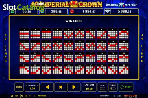 Paylines screen. Diamond Mystery 40 Imperial Crown slot