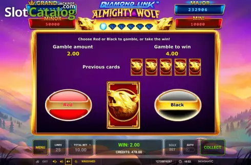 Risk Game screen. Diamond Link: Almighty Wolf slot