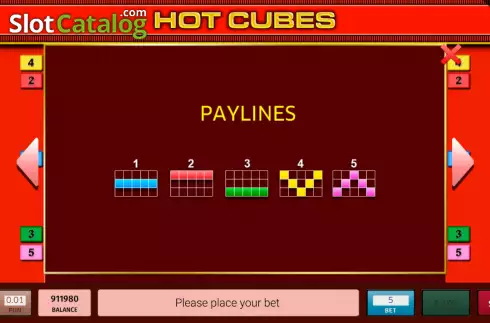 Paylines screen. Hot Cubes slot