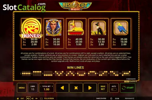 PayTable - PayLines screen. Rise of Tut Magic slot
