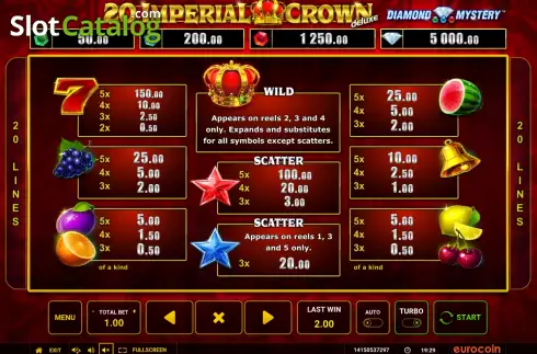 PayTable screen. Diamond Mystery 20 Imperial Crown Deluxe slot