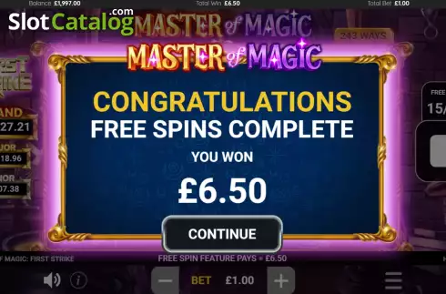 Win Free Spins screen. Master of Magic slot