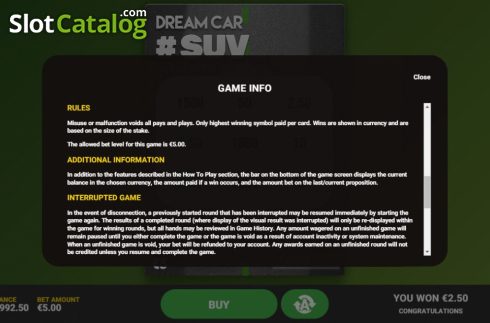 Info 3. Dream Car Suv slot