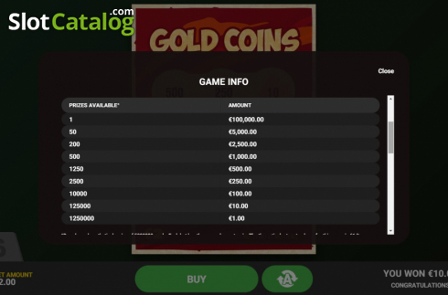 Information screen 2. Gold Coins slot