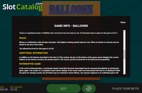 Game rules screen 1. Balloons slot