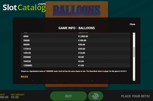 Paytable screen 3. Balloons slot