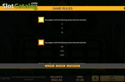 Symbols 2. The Green Machine Deluxe Racking Up Riches slot