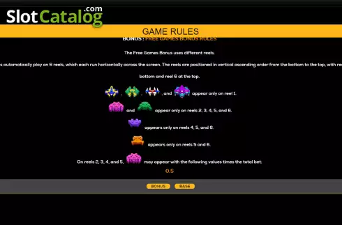 Free Games bonus rules screen. Interstellar Attack slot