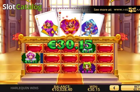 Win / Start Bonus Game screen. Harlequin Wins slot