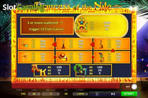 Paytable screen. Princess of The Nile slot