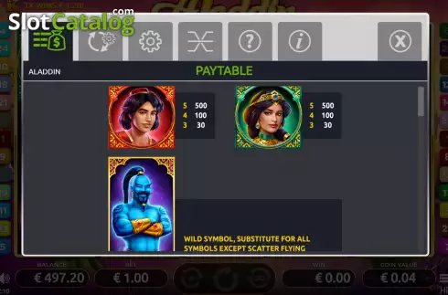 Pay Table screen. Aladdin (Holland Power Gaming) slot