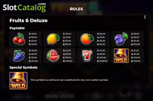 Paytable screen. Fruits 6 Deluxe slot