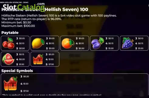 Paytable screen. Hellish Seven 100 slot