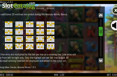 Additional Paylines screen. Moosey Money slot