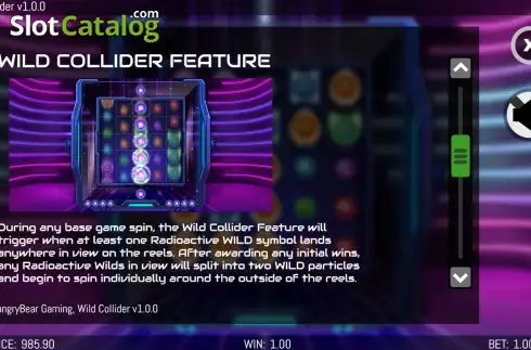 Game Features screen. Wild Collider slot