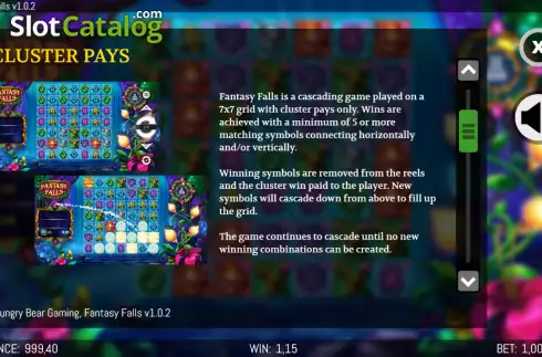 Cluster Pays screen. Fantasy Falls slot