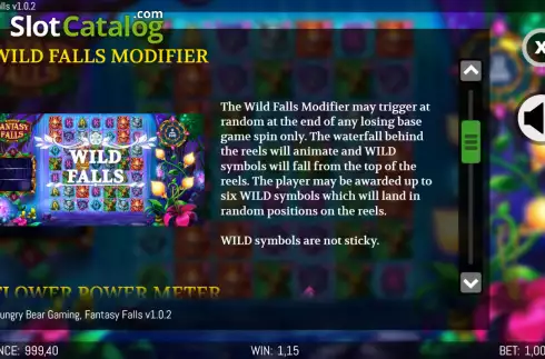 Wild Falls Modifier screen. Fantasy Falls slot