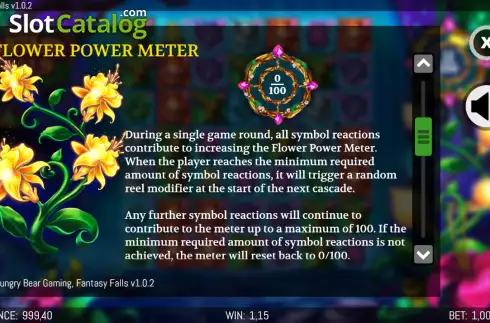 Flower Power Meter screen. Fantasy Falls slot