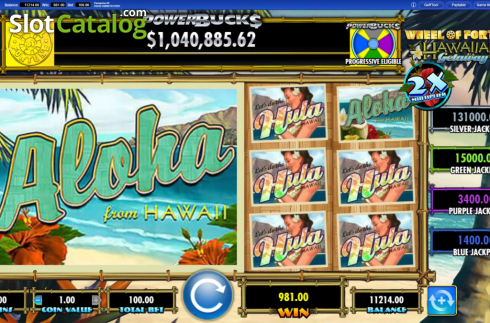 Ekran6. Wheel of Fortune Hawaiian Getaway Powerbucks yuvası