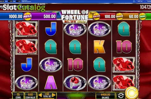 Game Screen. PowerBucks Wheel of Fortune Ruby Riches slot