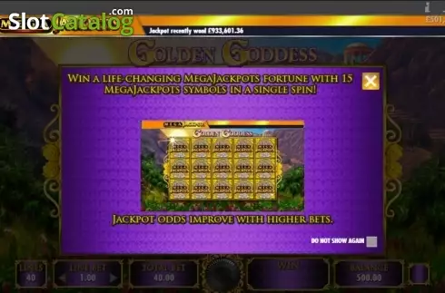 Intro screen. Golden Goddess Mega Jackpots slot