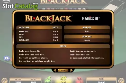 Paytable. Blackjack (IGT) slot