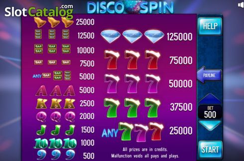 Paytable screen. Disco Spin Pull Tabs slot