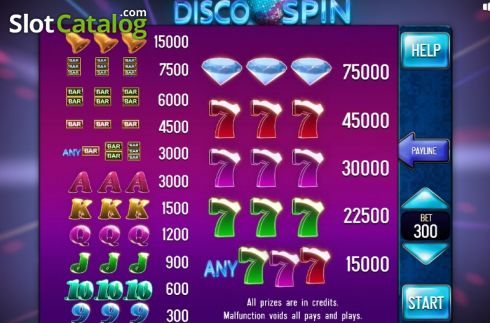 Paytable. Disco Spin 3x4 slot