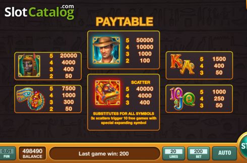 Paytable screen. Book of Bastet slot