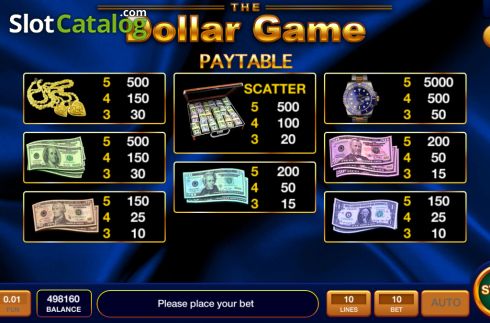 Paytable screen. The Dollar Game slot
