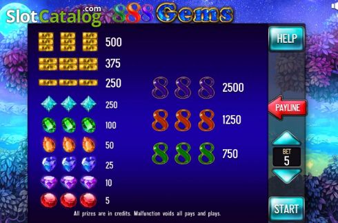 Paytable. 888 Gems Pull Tabs slot