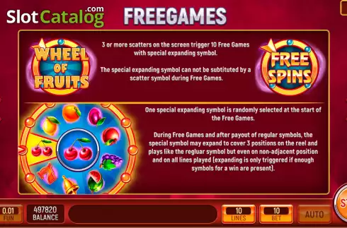 Free games feature screen. Wheel of Fruits slot