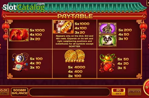 Paytable screen. Turtle and Phoenix slot