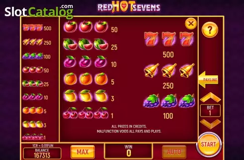 Pay Table screen. Red Hot Sevens 3x3 slot