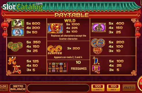 Pay Table screen. 100 Dragons slot