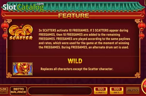 Game Features screen. 100 Dragons slot