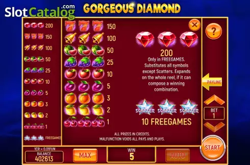 Paytable and Features screen. Gorgeous Diamond (3x3) slot
