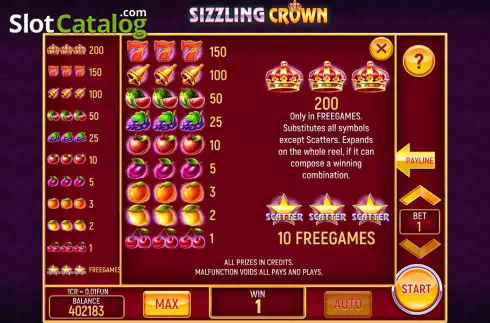 Paytable and Paylines screen. Sizzling Crown (3x3) slot