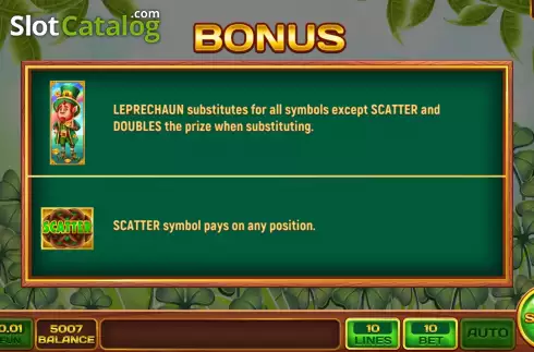 Game Features screen. Leprechaun Story slot