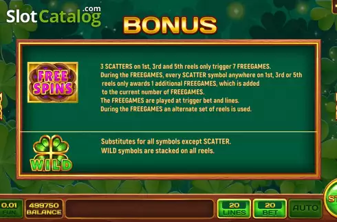 Game Features screen. Enchanted Clovers slot