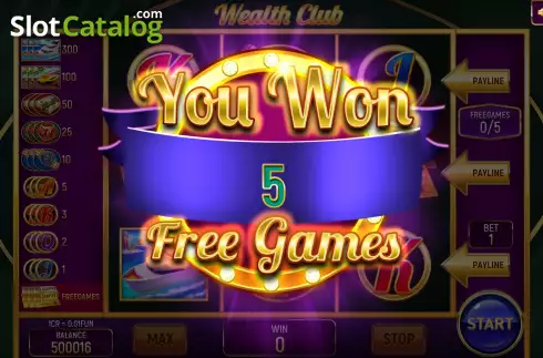 Free Games screen. Wealth Club (Pull Tabs) slot
