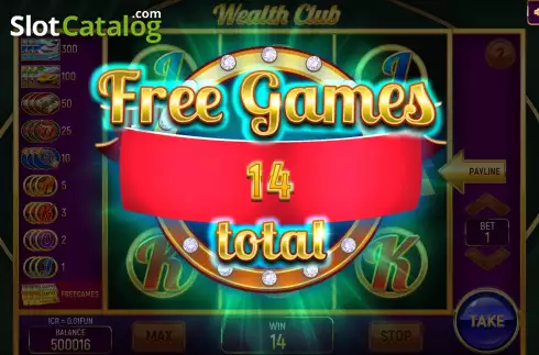 Win Free Games screen. Wealth Club (Pull Tabs) slot