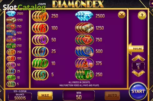 Paytable screen. Diamondex (Pull Tabs) slot