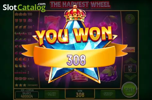 Win Free Spins screen. The Harvest Wheel (3x3) slot